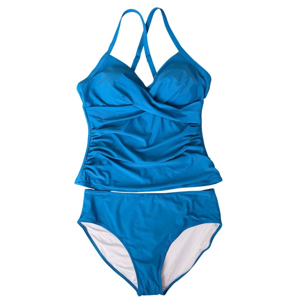 Teal Ruched Full Coverage Tankini Built In Bra w/High Waisted Bottoms XL NEW - Picture 2 of 10